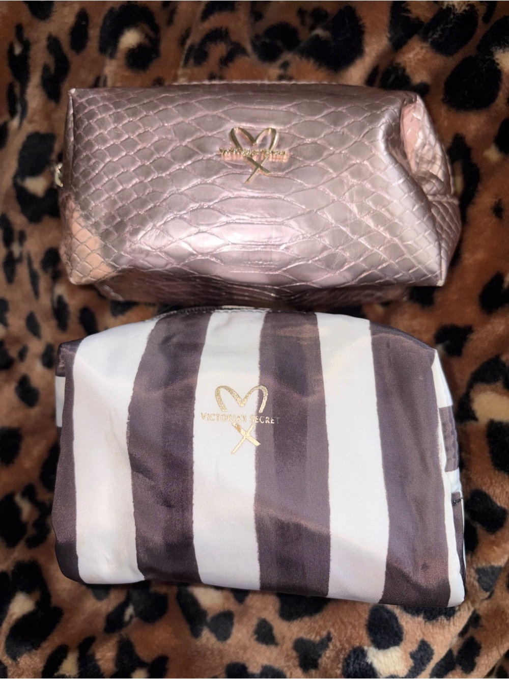 Victoria's Secret Pink Metallic Cosmetic Bag - Rose Gold & Striped bundle